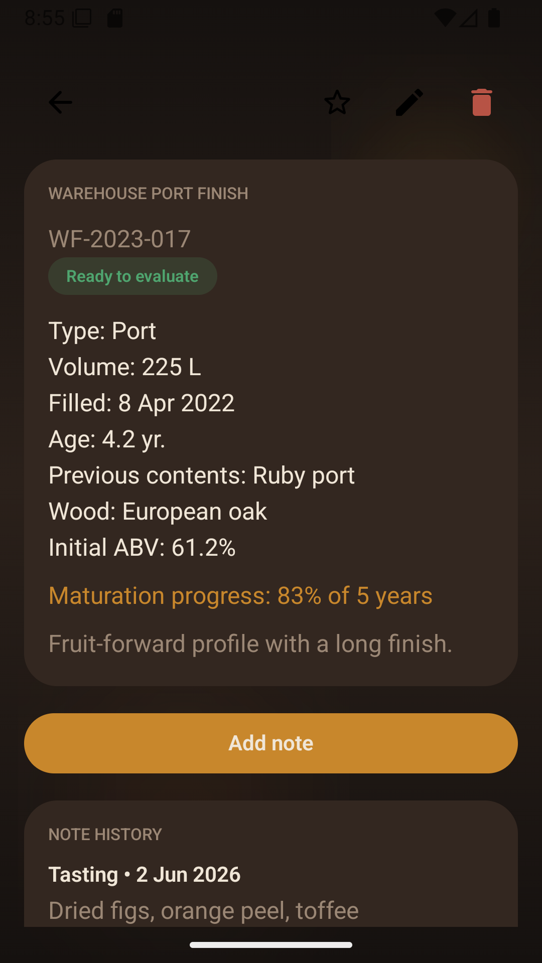 Whisky Cask Notes cask detail screen