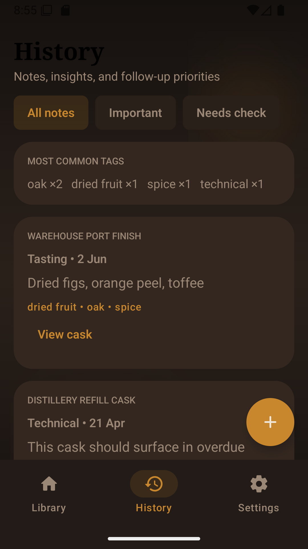Whisky Cask Notes history screen