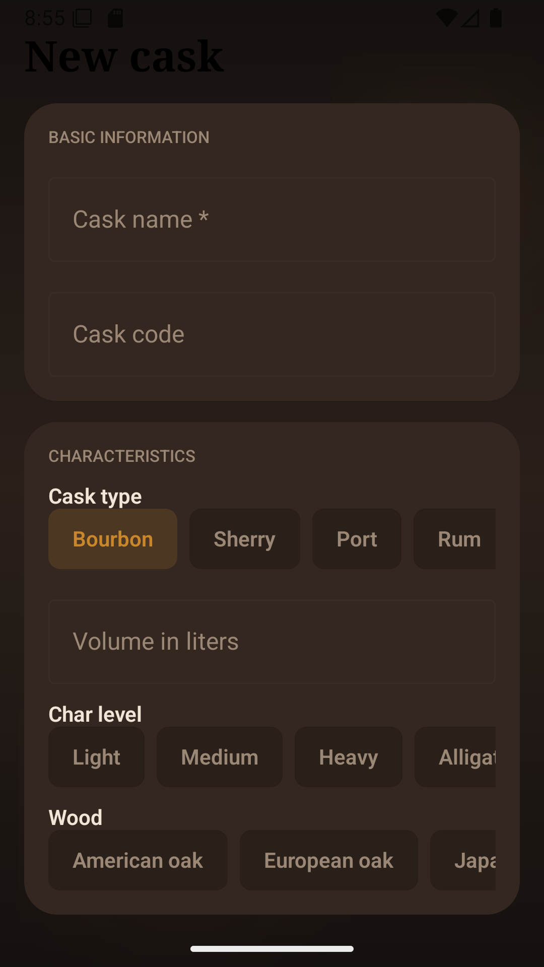 Whisky Cask Notes new cask screen