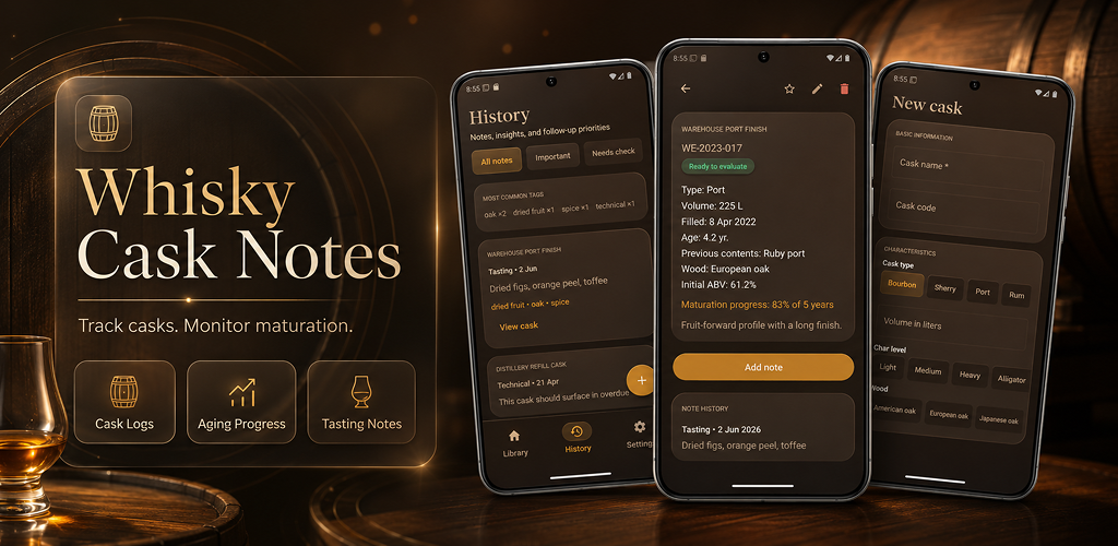 Whisky Cask Notes app banner showing cask tracking screens
